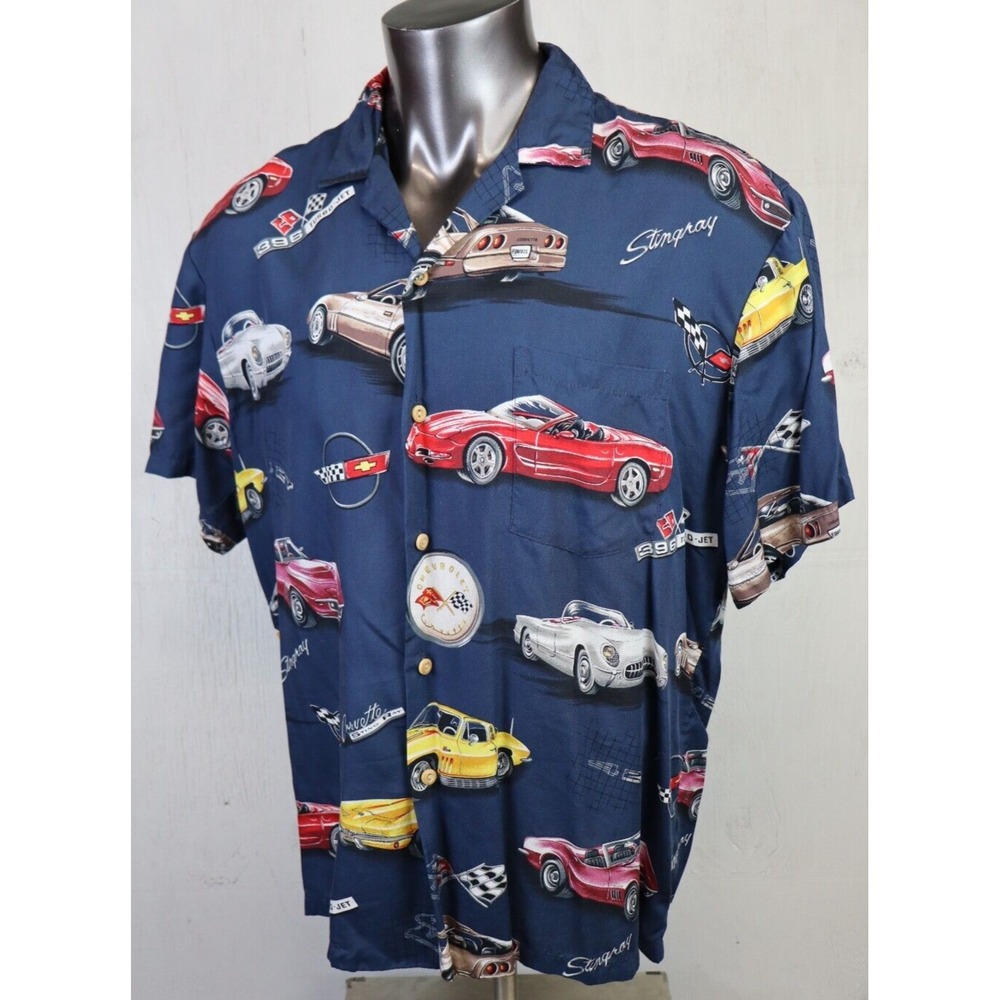 Paradise Found Hawaiian Shirt Corvette String Ray 396‎ Turbo Jet Rayon XL Blue